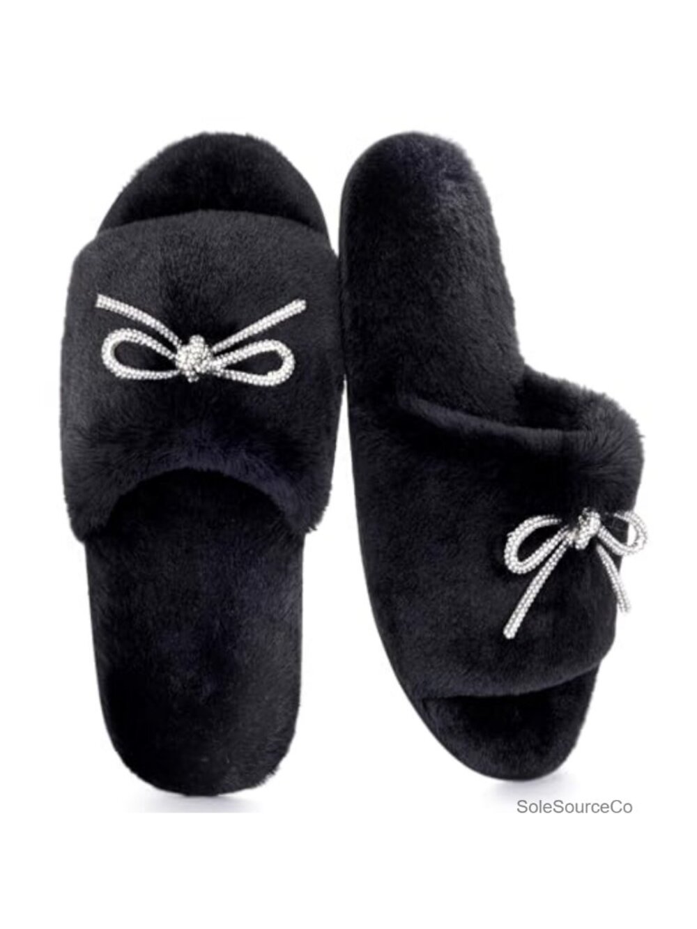 Fuzzy Faux Fur Open Toe Slide Slippers with Rhinestone Bow